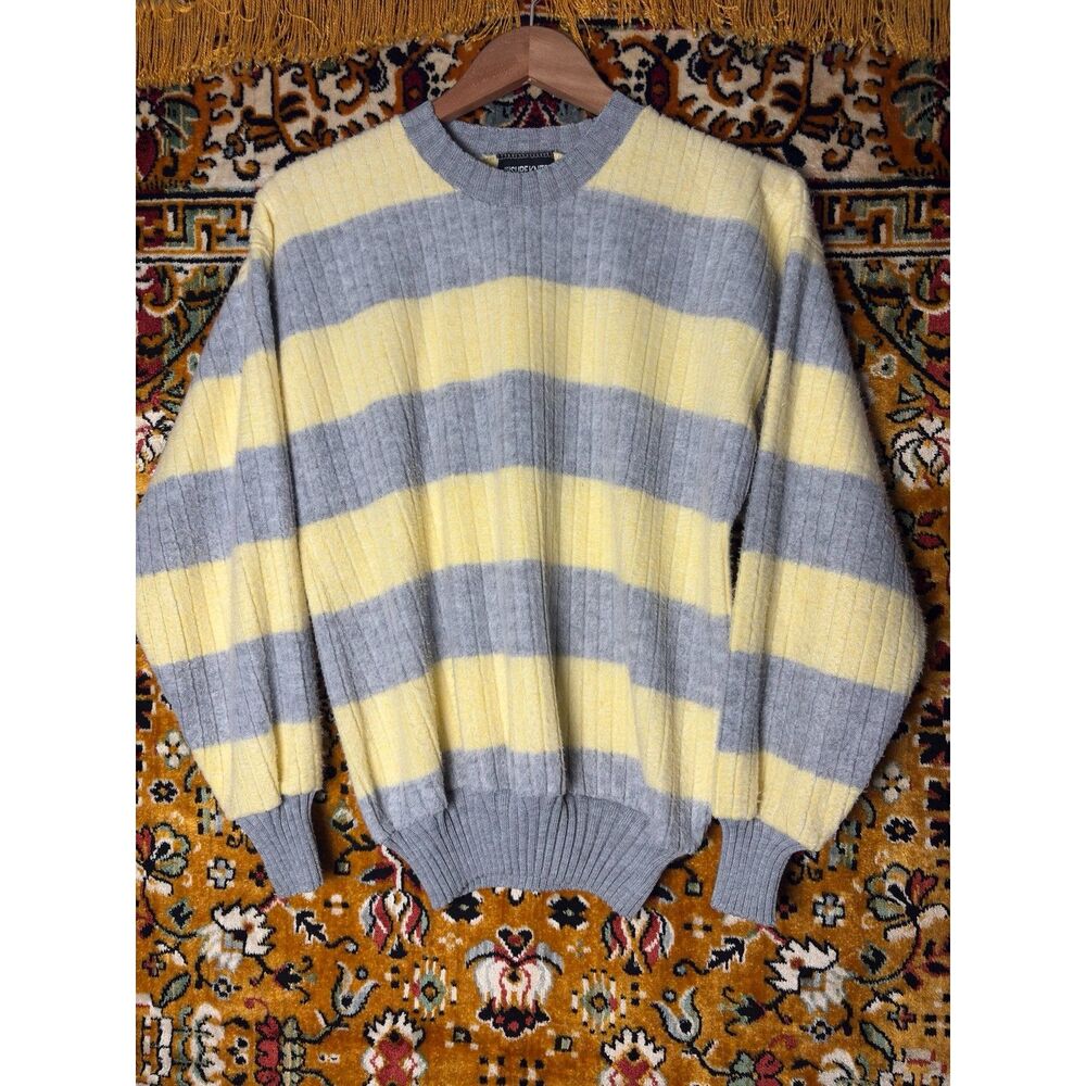 90s VTG Oversized Butter Yellow Striped Ribbed Crewneck Cotton Knit Sweater sz L - Picture 10 of 10